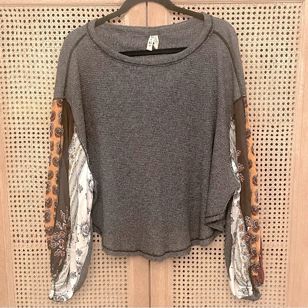 FREE PEOPLE We The Free Blossom Waffle Thermal Patchwork Paisley Sleeve top
